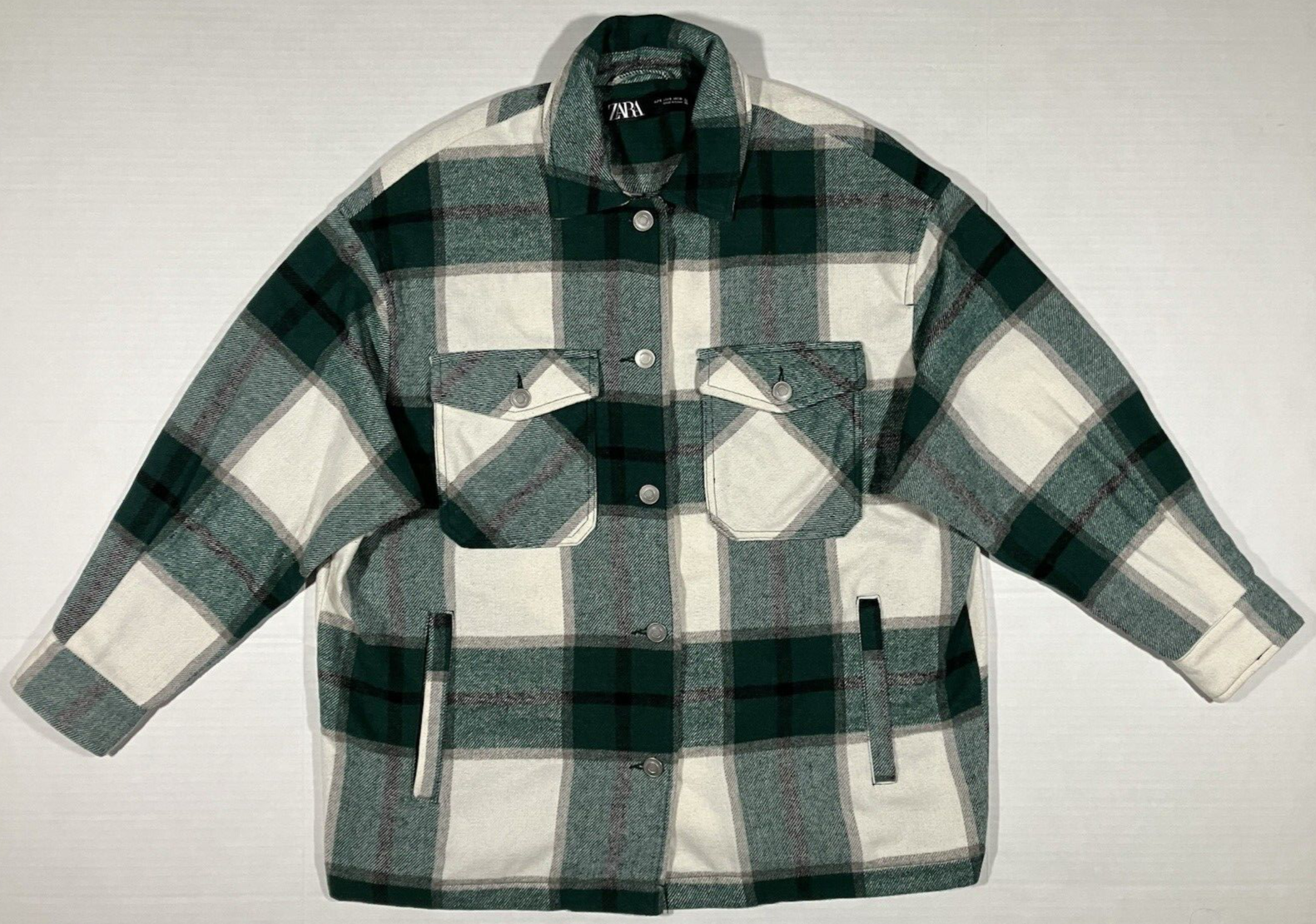 Zara Flannel Shirt Jacket Green Plaid Overshirt Shacket Oversized Womans Size S-image