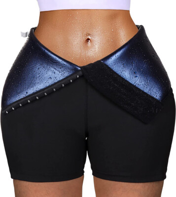 Women Coated Sweat Sauna Suit Workout High Waist Shorts Waist Trainer Pants  Belt