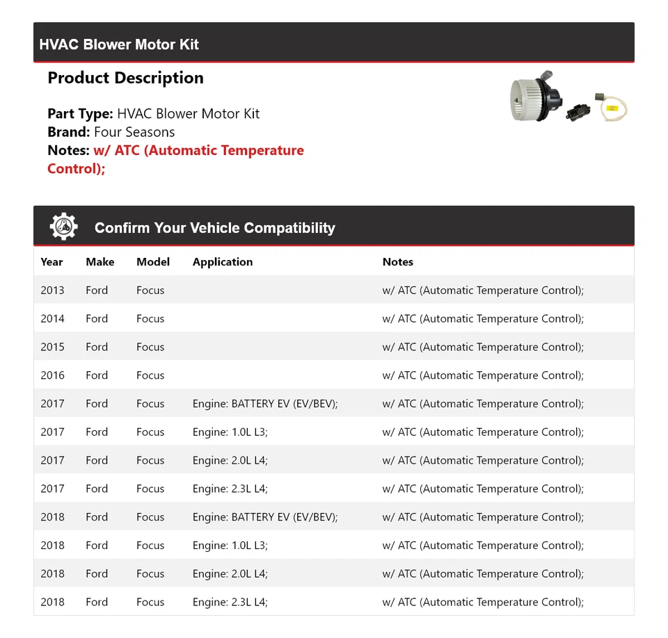 Kit de motor soplador de climatización para Ford Focus 2013-2018 4 estaciones 2014 2015 2016 2017 Foto 2 de 3