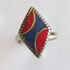 Tibetan Silver Coral Blue Lapis Handmade Boho Jewelry Adjustable Unisex Ring R59