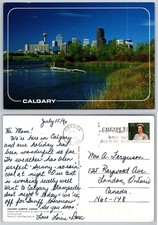 Calgary Alberta Canada Skyline Postcard 1990 Stampede Queen Elizabeth Stamp