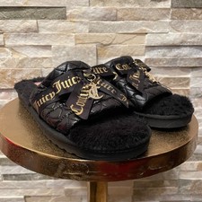 Y2K Juicy Couture M Black Faux Fur Slippers Gold Script Logo, Cozy Glam