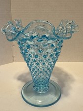 Vintage Fenton Glass Blue Opalescent Hobnail Ruffled Double Crimped Trumpet Vase
