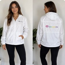 Champion Women s Small White Full-Zip Mesh-Lined Windbreaker Jacket Rainbow Logo
