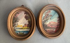 2 VECCHI QUADRETTI OVALI CON PAESAGGI DIPINTI SU TAVOLETTA