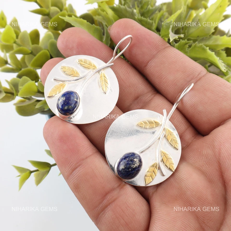 Lapislazzuli Gemma 925 Argento Sterling Art Déco Etnico Unico Orecchini Pendenti - Immagine 4 di 4