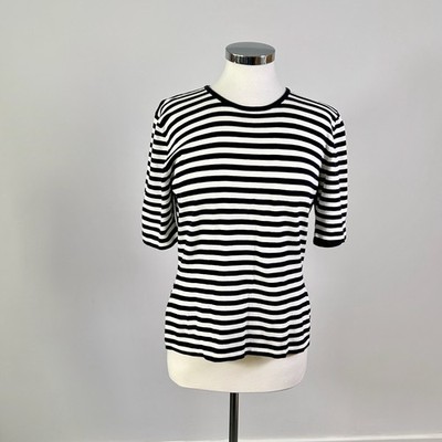 Jaeger Vintage 1990s Cotton Breton T-Shirt Navy White UK 10 Made in Britain