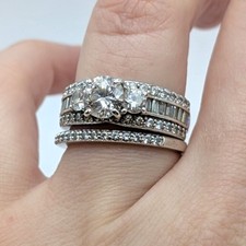 Sterling Silver 925 Sparkly Simulated Diamonds Engagement Wedding Ring Band Set 
