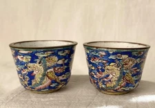 ANTIQUE CHINESE QING ENAMEL COPPER TEA WINE CUP HAND PAINTED LOT OF TWO