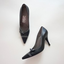 Vintage Salvatore Ferragamo Black White Leather Pointed Toe High Heels US 6.5
