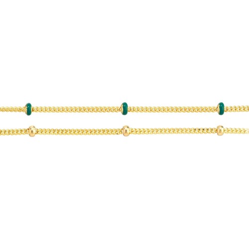 Double Chain Anklet 14K Solid Gold Blue Enamel Bead Chain Foot Ankle Bracelet - Picture 4 of 5