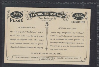 francis drake tobacco GOLDEN HIND, 1577 - Sir Francis Drake - 70 + year old UK Tobacco Card # 5