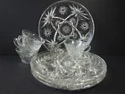 Vtg Anchor Hocking Early American Prescut Glass Snack Set 4 Plates & Cups w/ Box