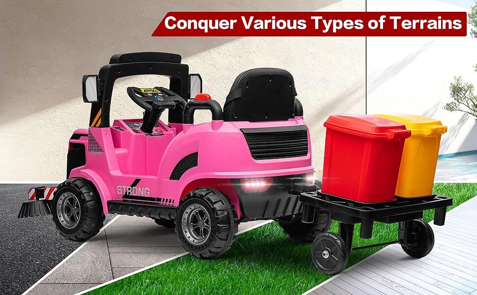 ZEOPHOL 12V Kids Ride On Toy Sweeper Truck Construction Car Trailer&Rubbish Bin