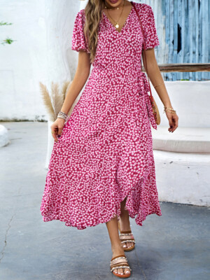 V-Neck Short Sleeve A-Line Print Women's Long Midi Dress | eBay