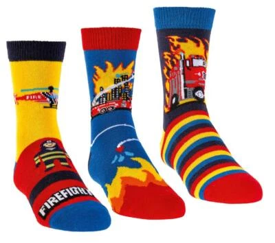 SOCKS 4 FUN ® Bunte Kinder-Socken, Motiv "Feuerwehr", Baumwolle, handgekettelte Naht, 3 Paar
