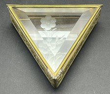 Vintage Triangular Brass Beveled Etched Glass Trinket Box Mirrored Bottom 4"