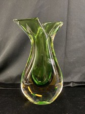 Vtg MURANO Fishtail Vase FORMIA 10" Italy Italian Art Glass Sommerso Green/Gold