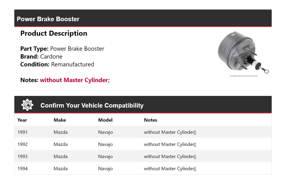 Para Mazda Navajo 1991-1994 Power Brake Booster Cardone 1992 1993 Foto 2 de 3