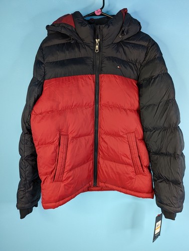 Tommy Hilfiger Men's Hooded Puffer Jacket, Midnight/Red Color Block, Small