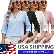 Womens V neck Pullover Loose T Shirt 3/4 Sleeve Ladies Base Tops Blouse Summer