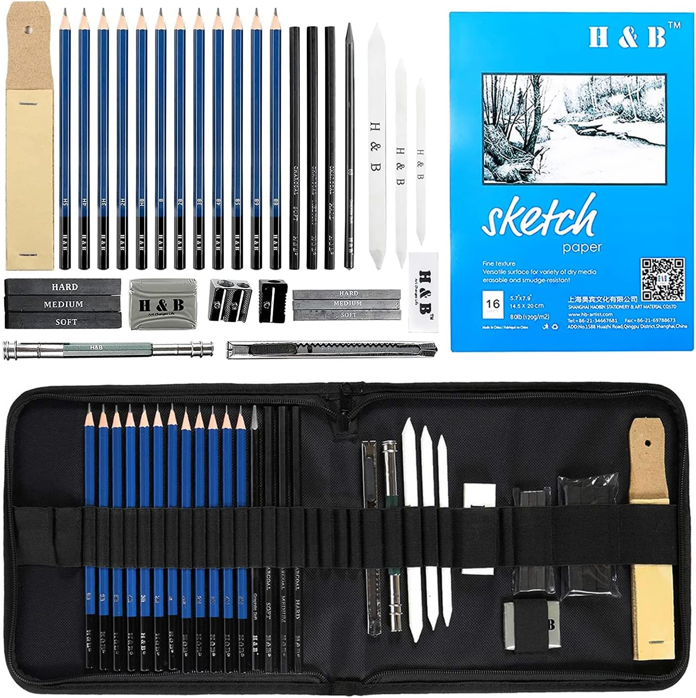H&B 33Pcs Sketch Pencils Set Artists Drawing Kit in Pencil Case with Pencil Shar