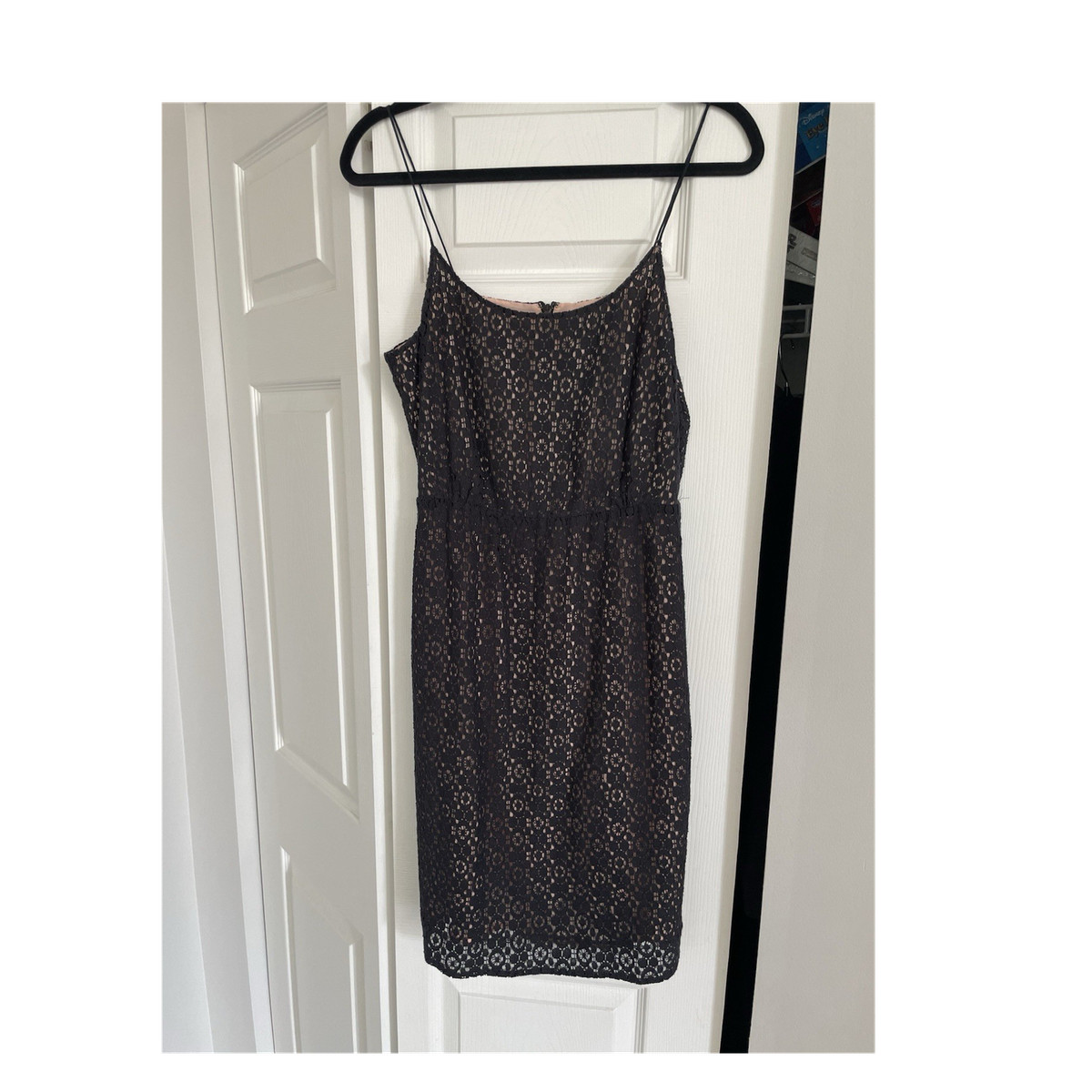 J.CREW Lace Sheath Dress Black Size 8 Knee Length Spaghetti Strap Scoop  Neck Zip