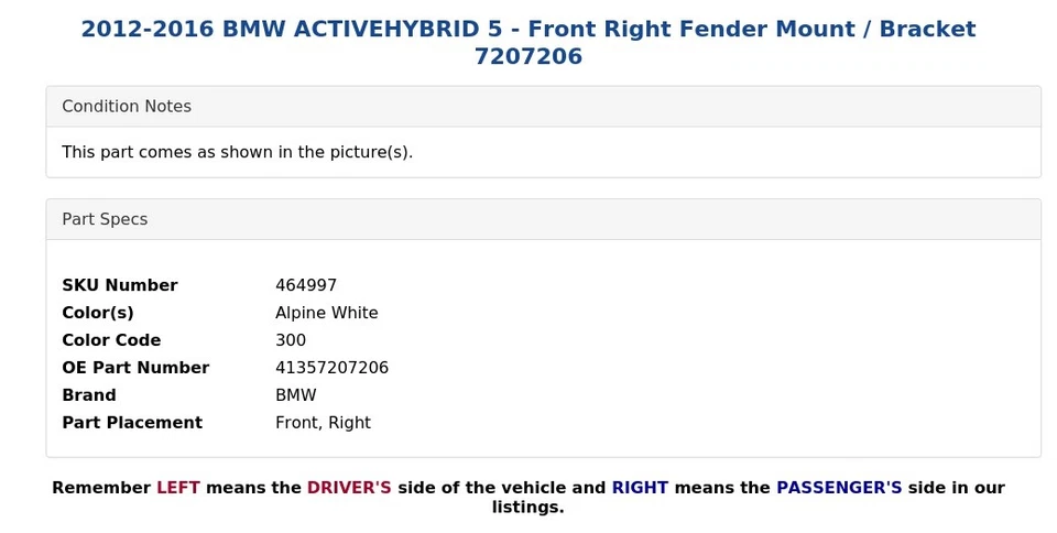 2012-2016 BMW ACTIVEHYBRID 5 — крепление переднего правого крыла / кронштейн 7207206 - Изображение 4 из 4