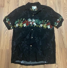 Paradise Found Shirt Mens Medium Christmas Holiday Ukulele Hawaiian Rayon