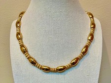 Signed Vintage Monet Necklace Gold Tone Choker 14.5" + 2" Glossy Oval Textured