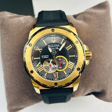 Bulova Marine Star 98A272 Automatic Black Gold Dial Silicon Strap Men's Watch
