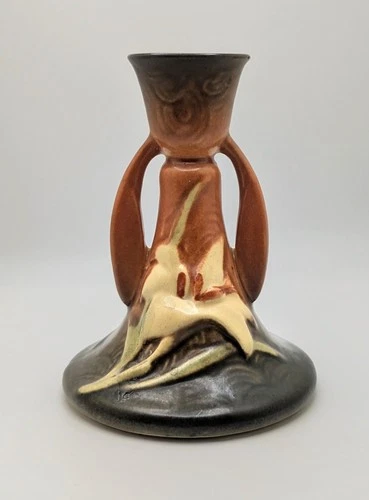 Roseville Pottery Zephyr Lily Candlestick @5x4" Brown Green 1946 USA Vintage