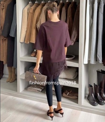 ZARA NEW WOMAN ASYMMETRIC HEM COMBINATION LACE T-SHIRT CHOCOLATE