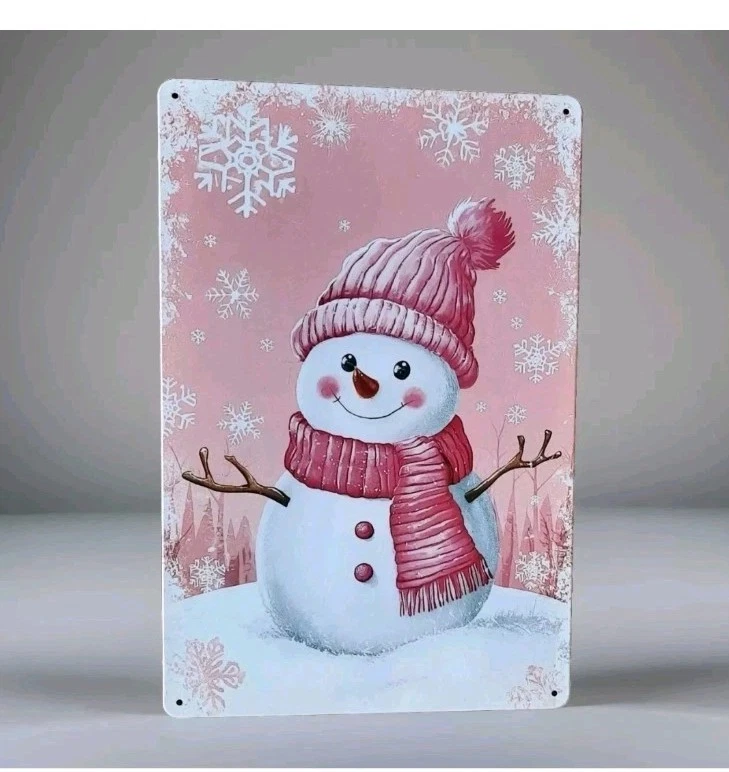 Blechschild Schneemann Nostalgie Weihnachten rosa cute Geschenk Retro (G15) - Bild 1 von 1