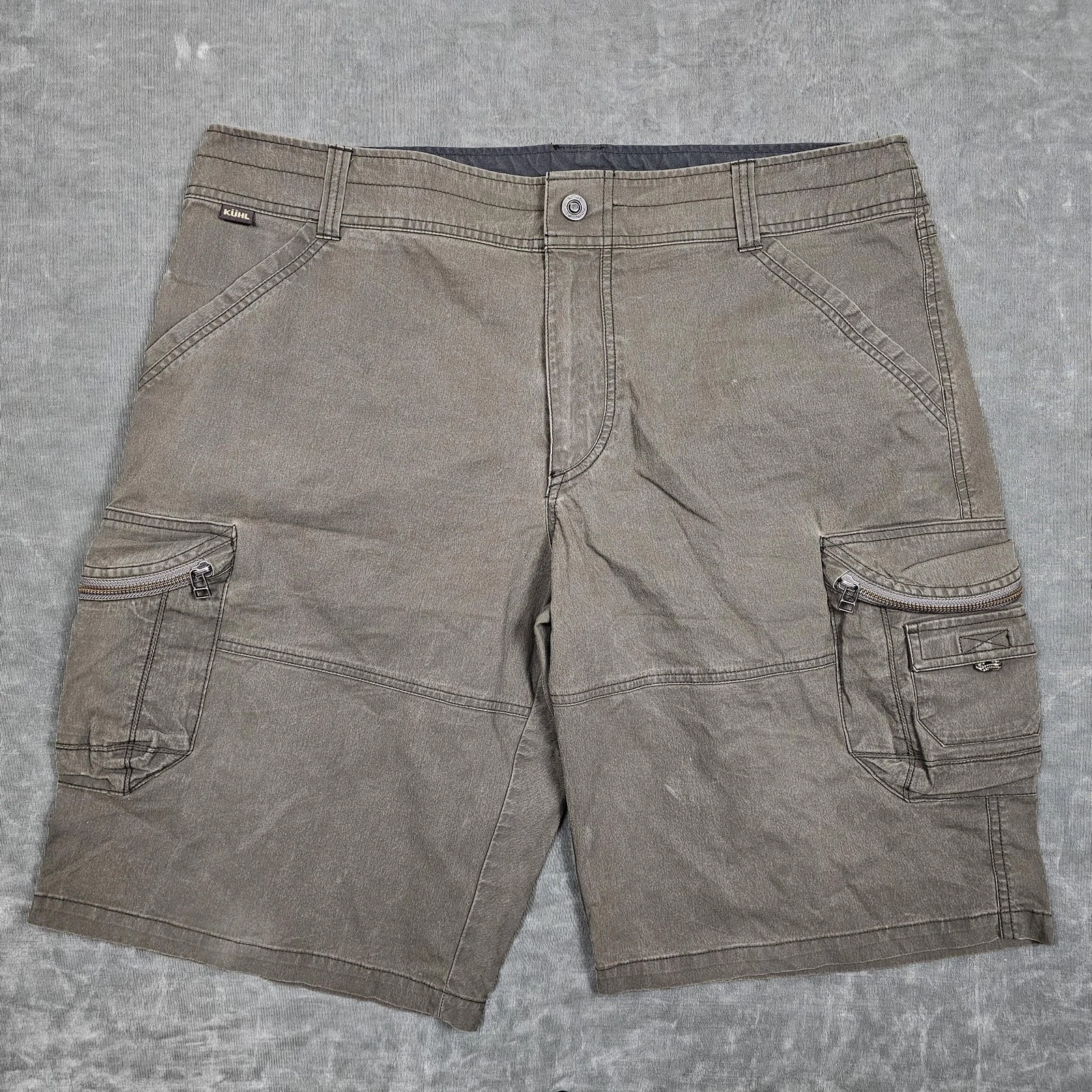 Kuhl Ambush Cargo Shorts Mens 38 Olive Hiking Multi Pocket Stretch Patina Dye