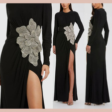 NWT Mac Duggal [ 10 ] 11809 Long Sleeve Jersey Gown w/ Embellished Flower S1853