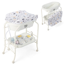 Baby Changing Table w/Bathtub, Folding  Portable Diaper Station w/Wheels White