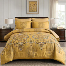 Gold Comforter Set King Size, 7 Pieces Damask Bed in a Bag Set Lightweight Mic