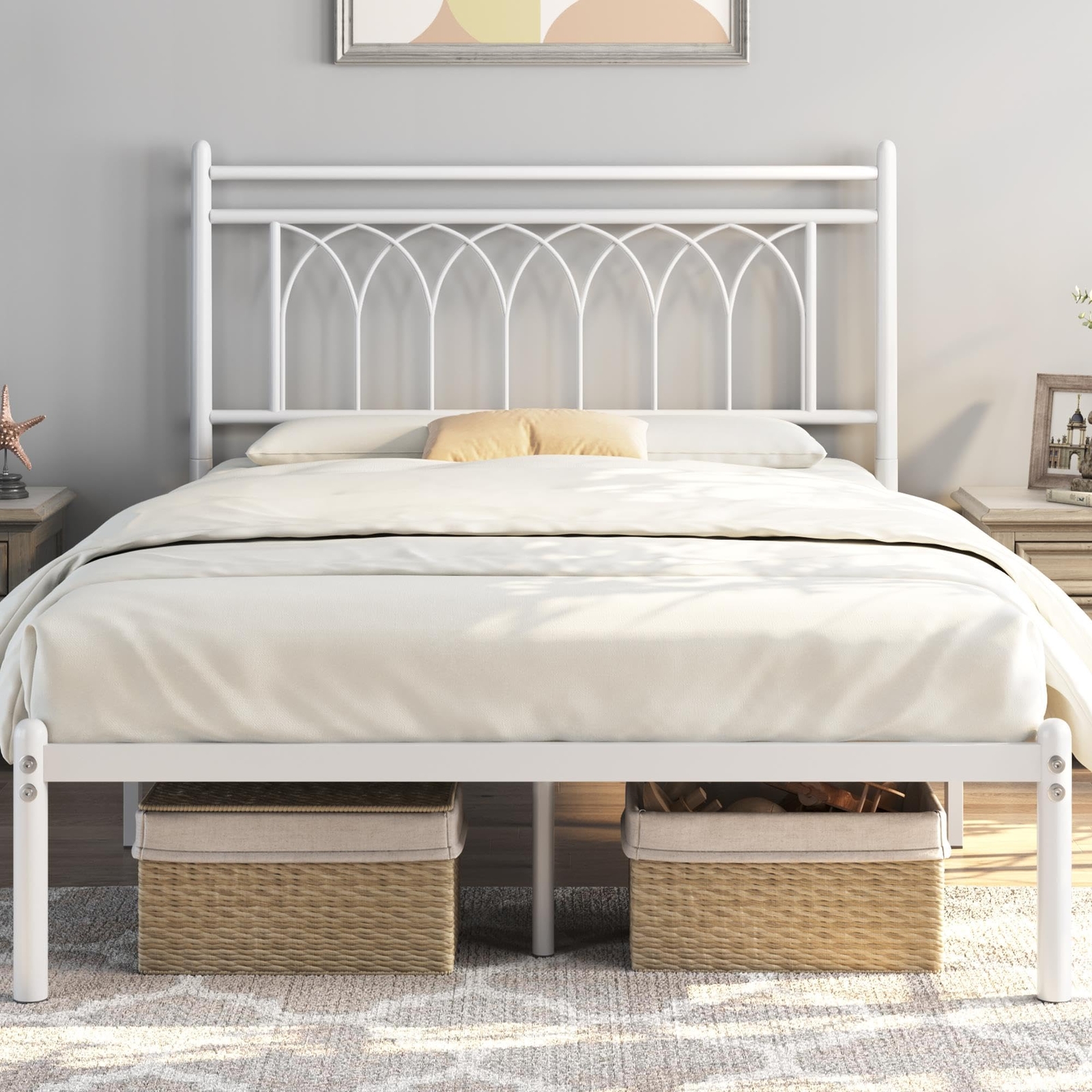 Modern Metal Full Bed Frame with Petal Accented Headboard and Sturdy Platform-image