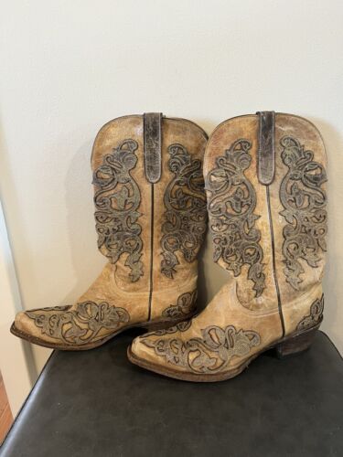 Ferrini Distressed Crackle Cowboy Women’s Leather Boots Sz 8 Brown Tan Cowgirl - Picture 3 of 20