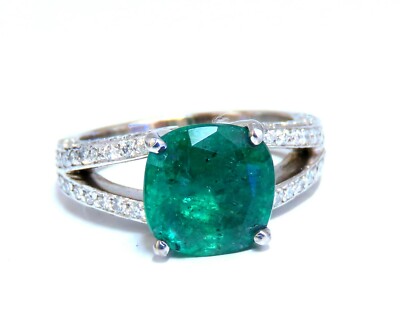 5,30ct Natur Cushion Smaragd Diamanten Ring Platin geteilter Schaft fein grün *v