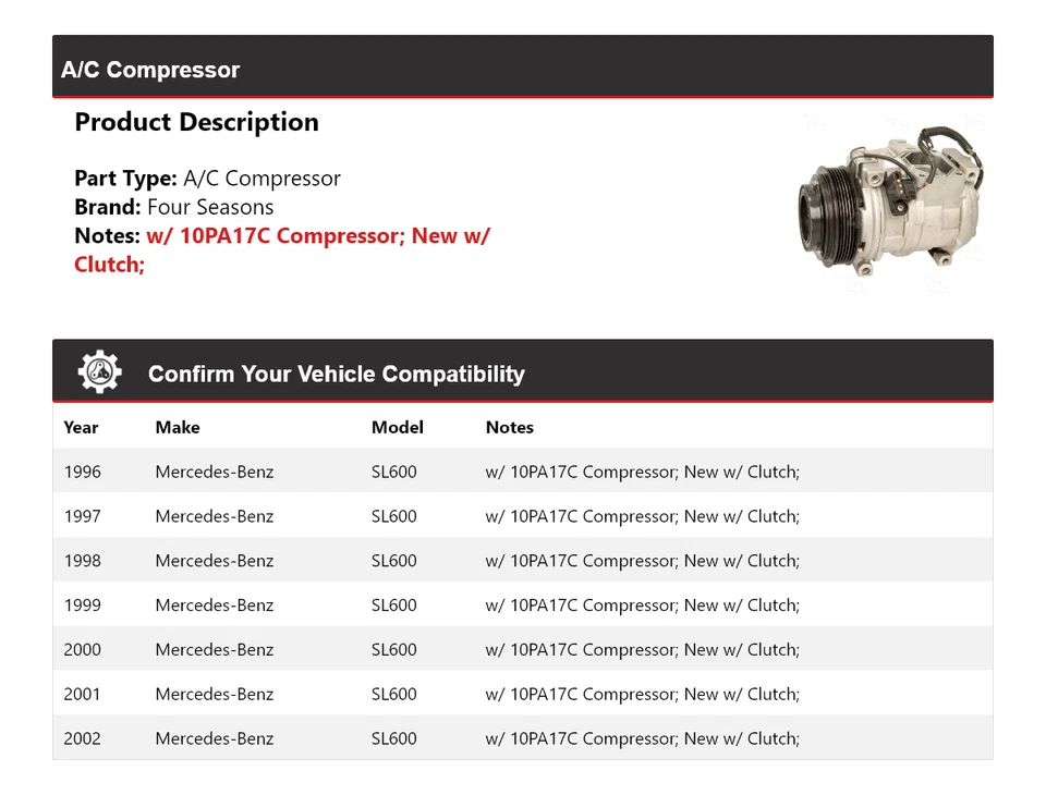 For 1996-2002 Mercedes-Benz SL600 A/C Compressor 4 Seasons 1997 1998 1999 2000 - Image 2 of 4
