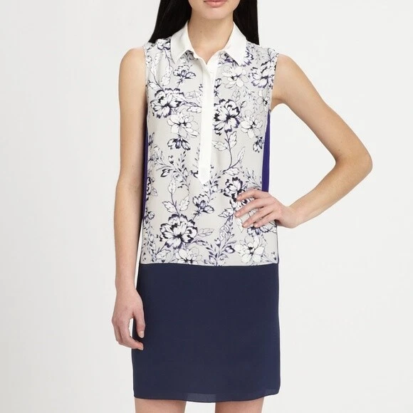 Rebecca Taylor Colorblock Floral Silk  Sleeveless Collared Blue Shirt  Dress 8❤️ - Image 4 of 4