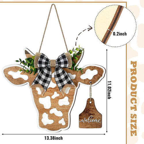 Welcome Sign Front Door Decoration Cow Head Door Wreath Lattice Bow Decoration - Picture 2 of 8