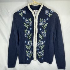 Tiara International Floral Zip-up Sweater Cardigan Blue Cotton/Ramie Size L