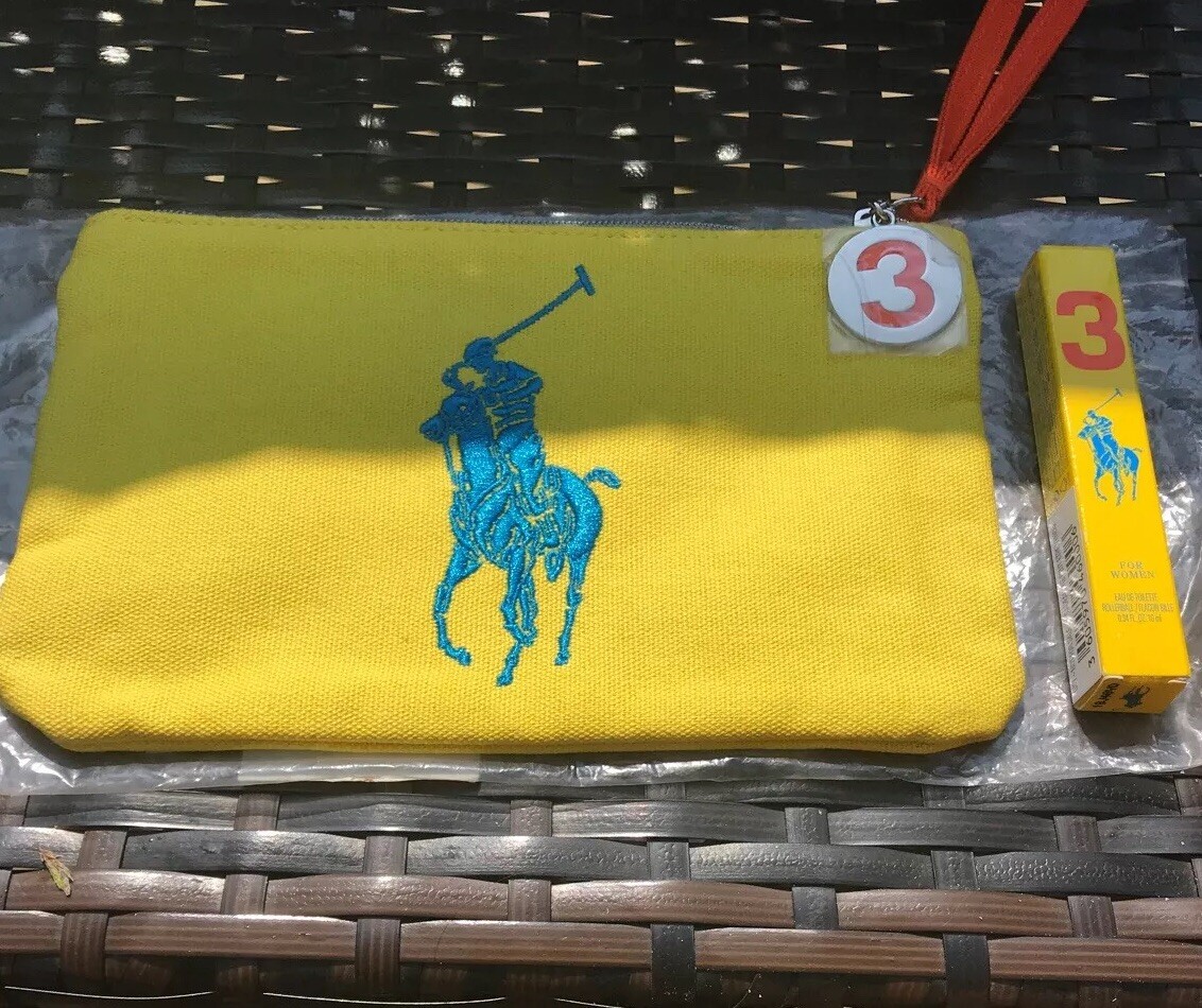 RALPH LAUREN LARGE PONY 3 BORSA TOTE TRUCCO LAVAGGIO GIALLO CON FRAGRANZA ROLLERBALL