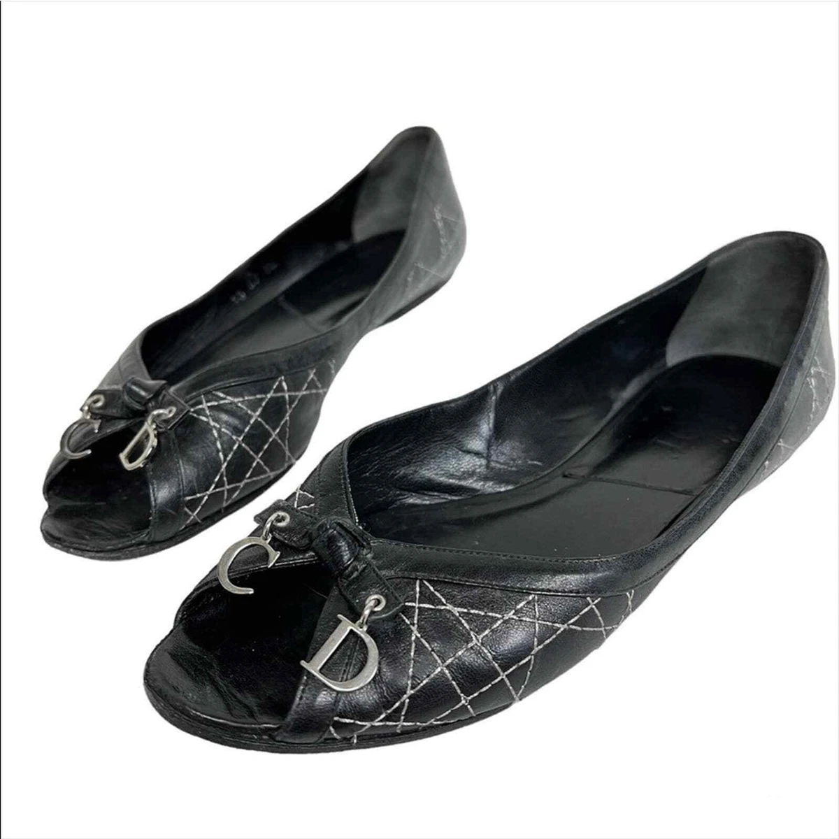 Christian Dior Flats Black Quilted Cannage Leather Ballet Logo Open Toe EU 39.5