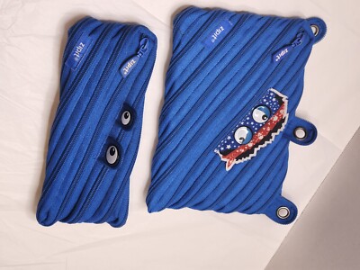 2 ZIPIT Blue Monster Face Pencil Makeup Case  Zipper Teeth, Eyes, 3 Ring Pouch