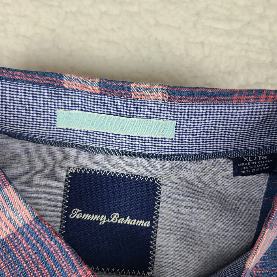 Camisa de vestir Tommy Bahama para hombre XL azul naranja a cuadros lino algodón abotonada Foto 4 de 4