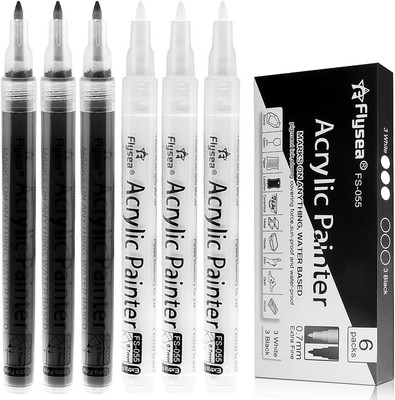 Black Paint Pens, 6 Pack 0.7mm Acrylic 1 Count (Pack of 6), + White 